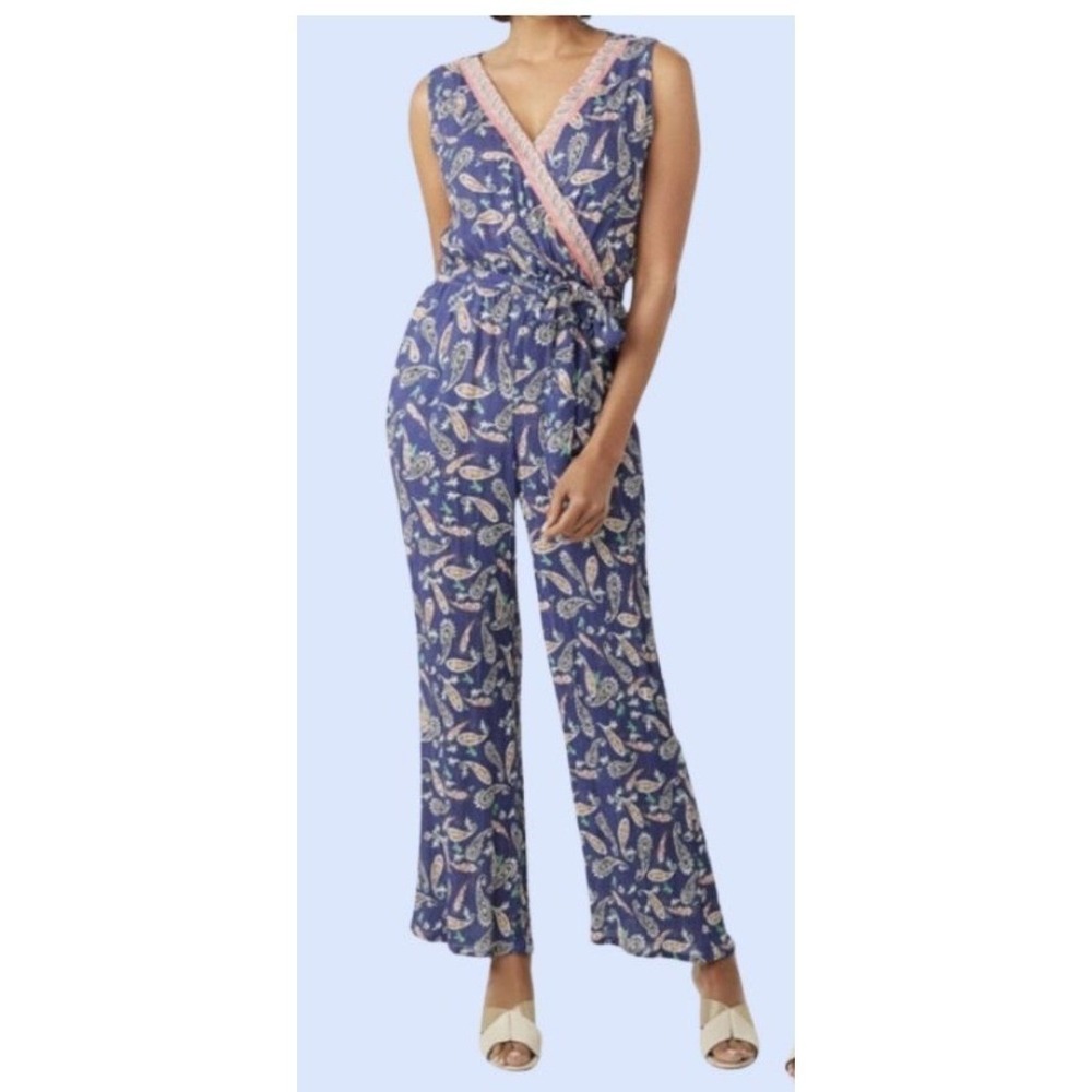 Westport Royal Blue Paisley Gauze Jumpsuit V Neck Tie Waist Womens Size 12
